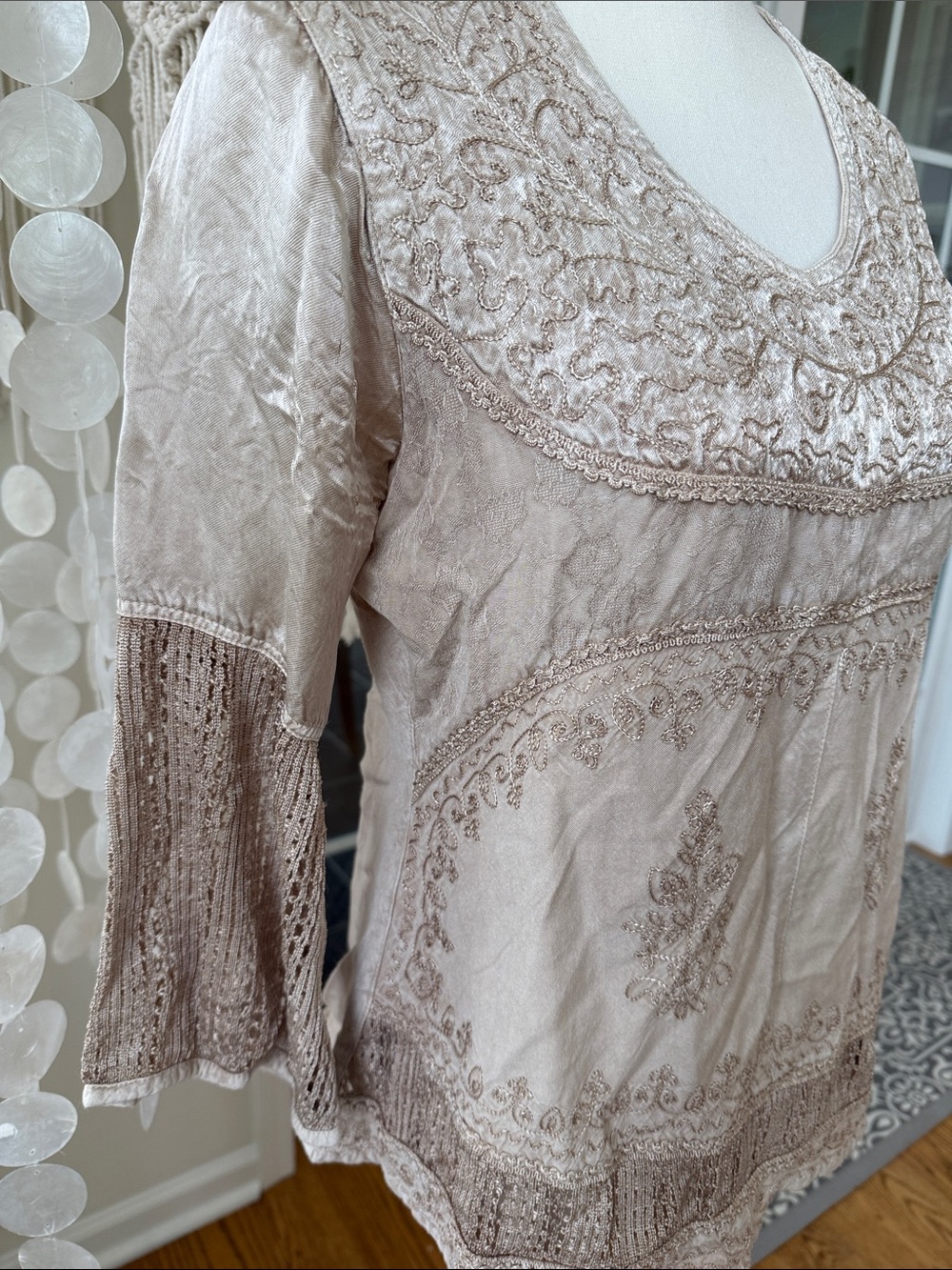 Boho Embroidered V-Neck Tunic Top - Taupe